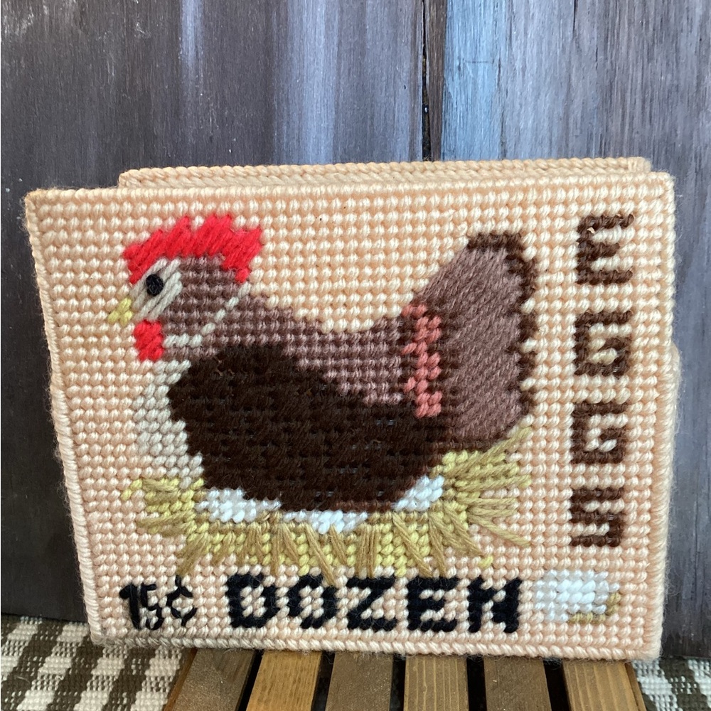 Rustic Handmade Chicken Napkin Holder - Brown and Red - Needlepoint on Plastic